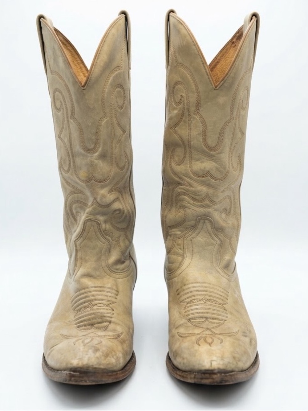 Boullet Vintage Western Cowboy Boots Cream Beige Embroidered Leather Size 6 E